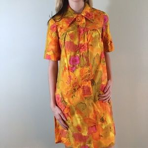 70s Vintage Orange Yellow Floral Shift Dress
